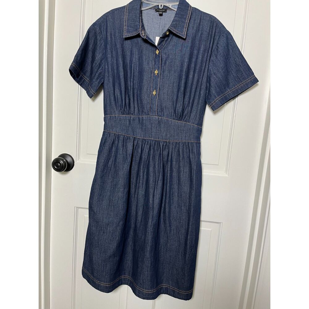Talbots Denim Shirt Dress Size 4 NWT Cotton Fit Flare Dark Wash Pockets